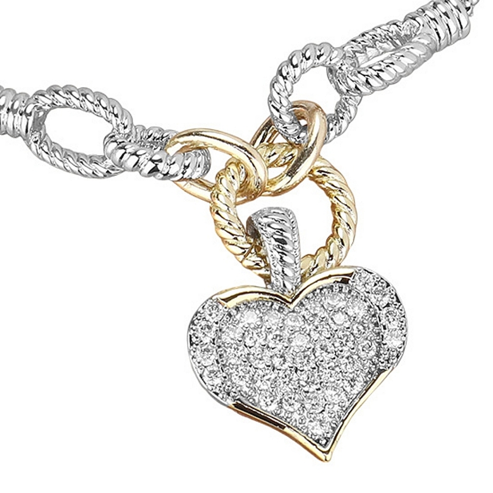 Two Tone 14K Gold Plated CZ Heart Charm Pendant Necklace Statement Jewelry - Picture 2 of 3